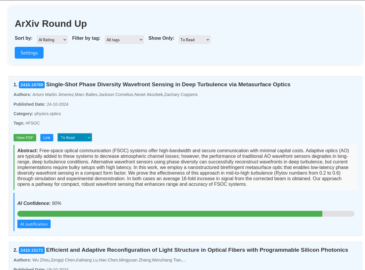 Screenshot of the UI. There is a blue header with fields for "Sort", "Filter" and "Show Only", and a settings button. Below is a list of of ArXiv articles in a numbered list with ranked by relevance.